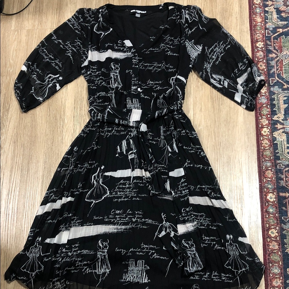 Karl Lagerfeld Black and White Midi Dress with Script & Sketch Print